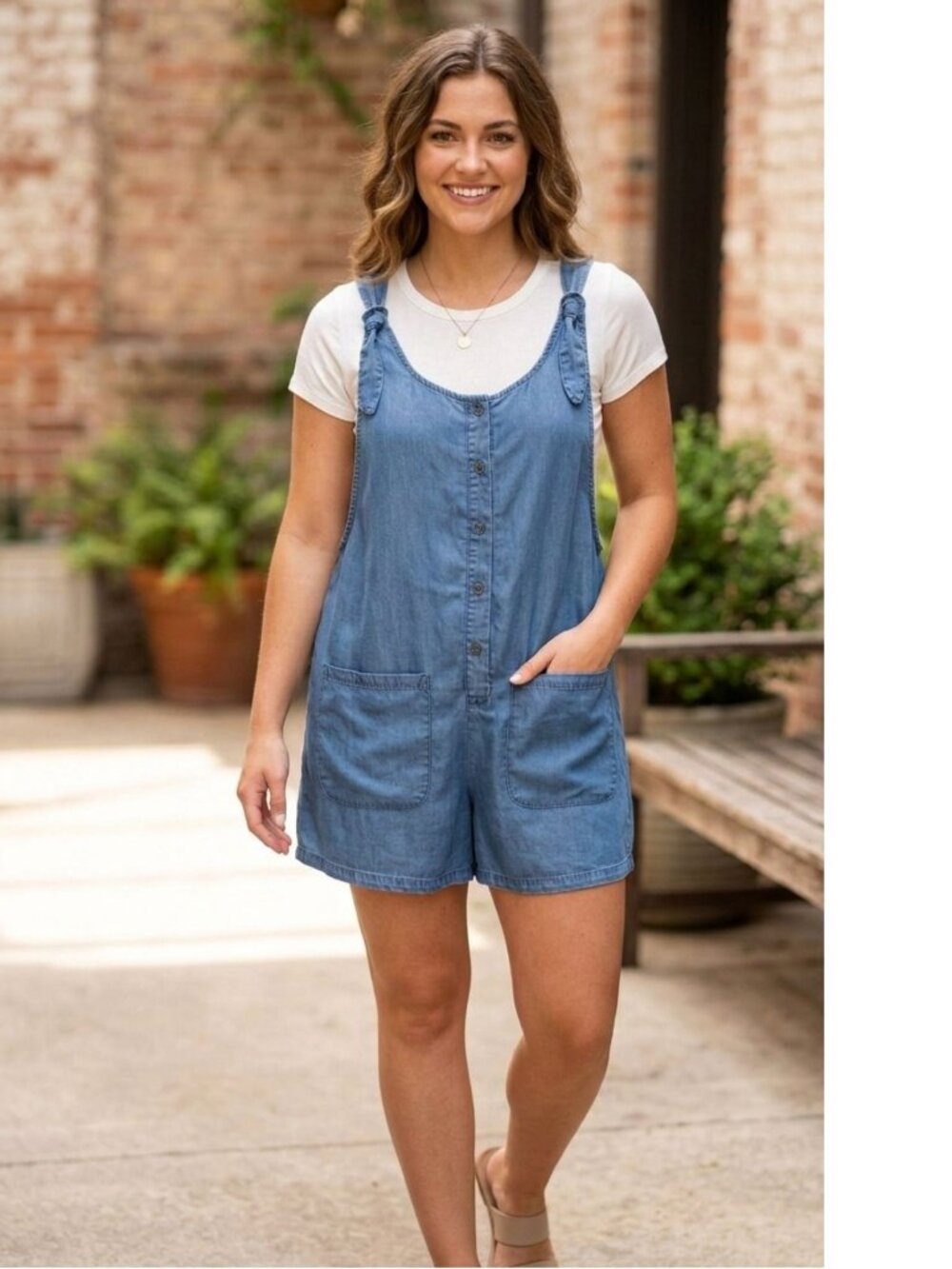 Life in Progress by Forever 21 Chambray Denim Shortalls Romper — Size S